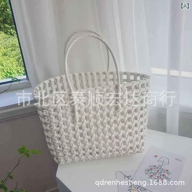 Handbag Type - かごバッグ レディース 手編み トートバッグ ビーチバッグ 草編み 手提げ 鞄 中サイズ 白 青 春夏 普段使い