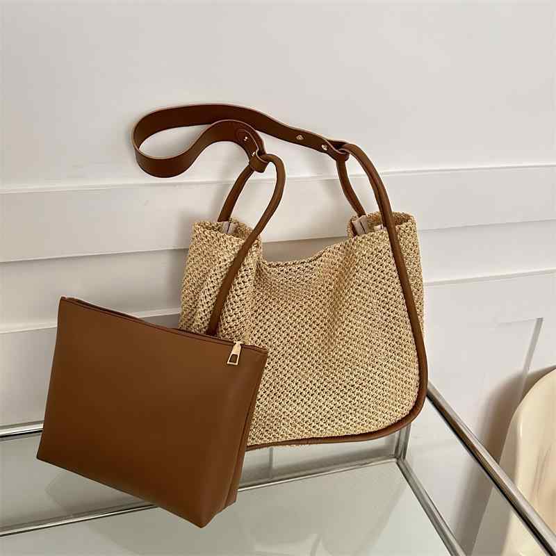 Tote Bag Type - かごバッグ レディース 大容量 トートバッグ 編み込みバッグ ショルダーバッグ カジュアル 普段使い ブラウン 裏地付き
