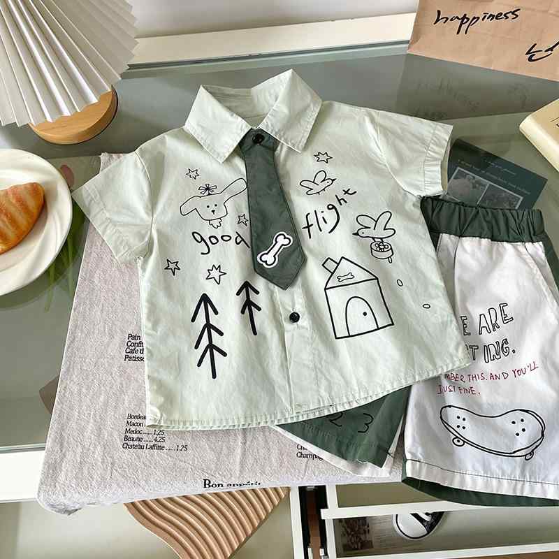 シャツ 男児用 セットアップ 半袖 短パン 夏物 子供服 カレッジスタイル 手書き風 グラフィック かわいい 綿100%