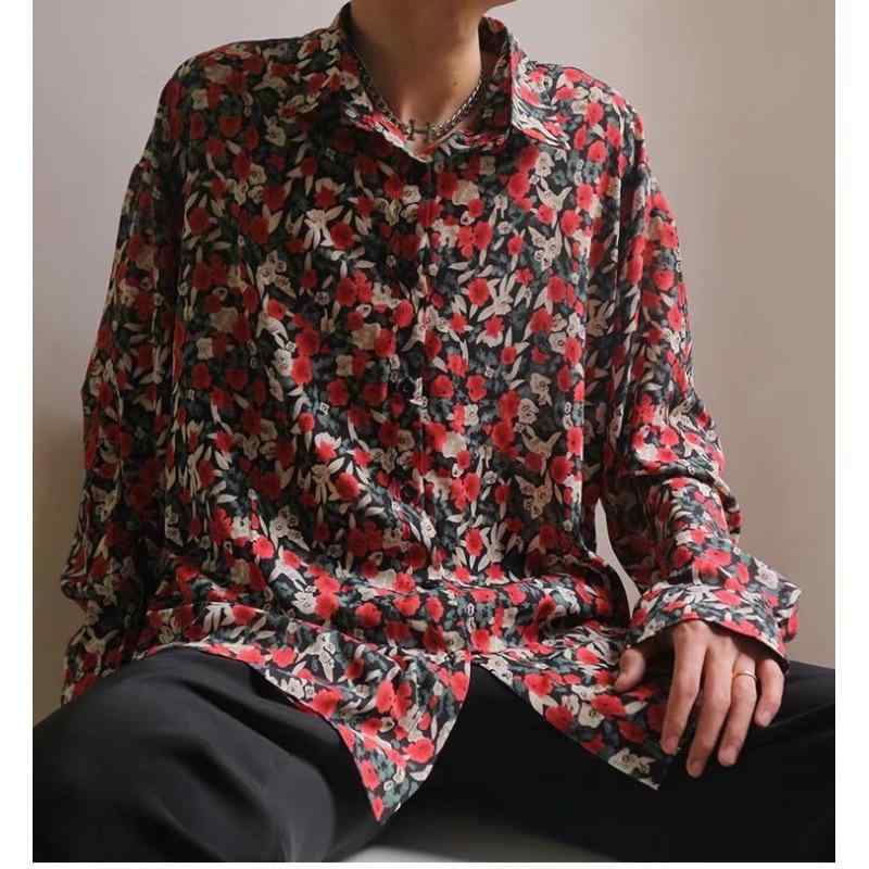 シャツ メンズ 男性用 トップス 長袖 碎花 翻领 ゆったり 港風 レトロ 韓国風 カジュアル 赤色 秋