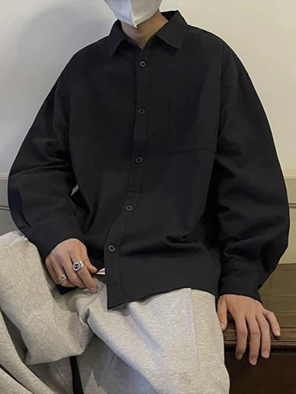 シャツ 男性用 長袖 ポリエステル 接触冷感 普段使い トップス 無地 ブラック ホワイト