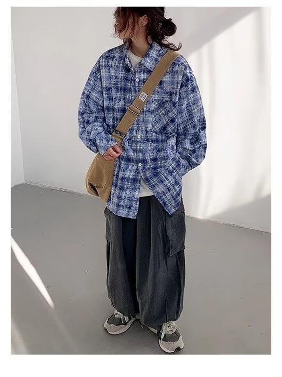 シャツ 男女兼用 格子柄 ネルシャツ 長袖 ポリエステル 普段使い リラックス ルーズフィット ブルー M L XL XXL XXXL 春