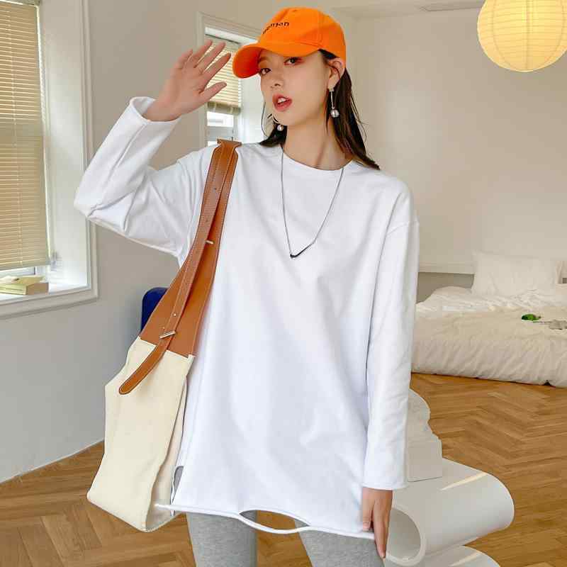 Tシャツ レディース 白色 トップス カットソー 長袖 純綿 コットン 破れ加工 ダメージ加工 ゆったり 体型カバー ストリート カジュアル 韓国