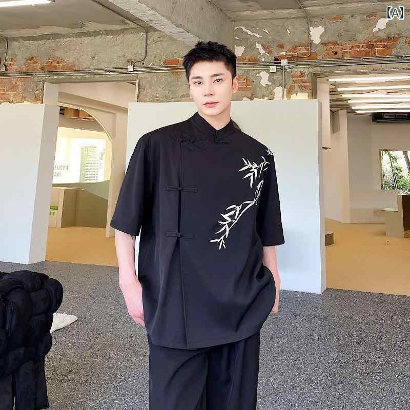 シャツ 男性用 半袖 チャイナ風 竹 刺繍 開襟シャツ レトロ ポリエステル 接触冷感 通気性 普段使い ブラック(4.0)