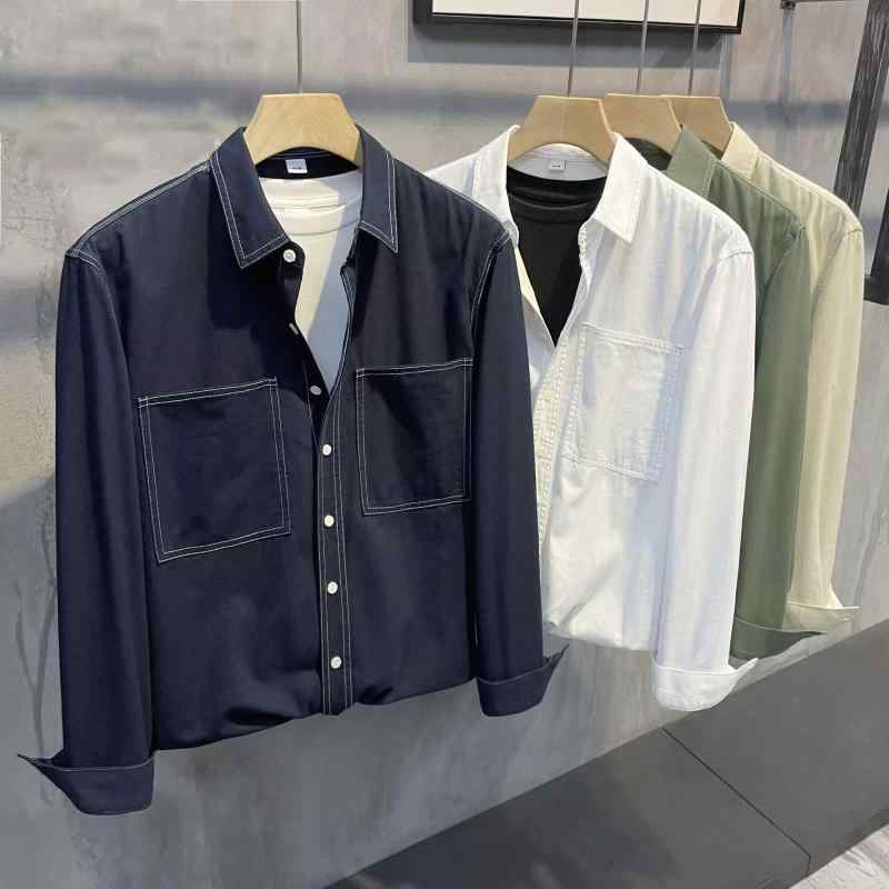 シャツ 男性用 長袖 ポリエステル 翻領 ゆったり カジュアル トップス 白 青 春秋