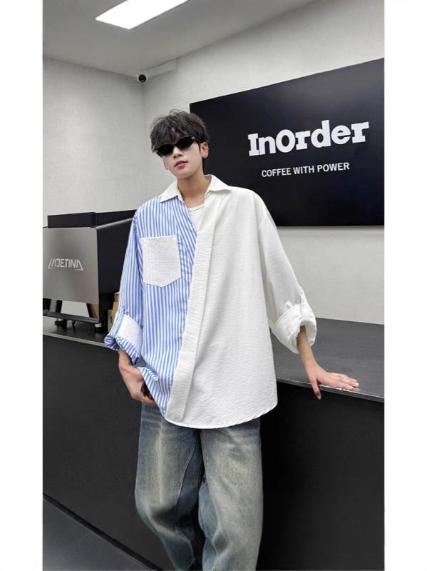 シャツ メンズ 韓国風 配色 長袖 Vネック カジュアル トップス 普段使い ルームウェア