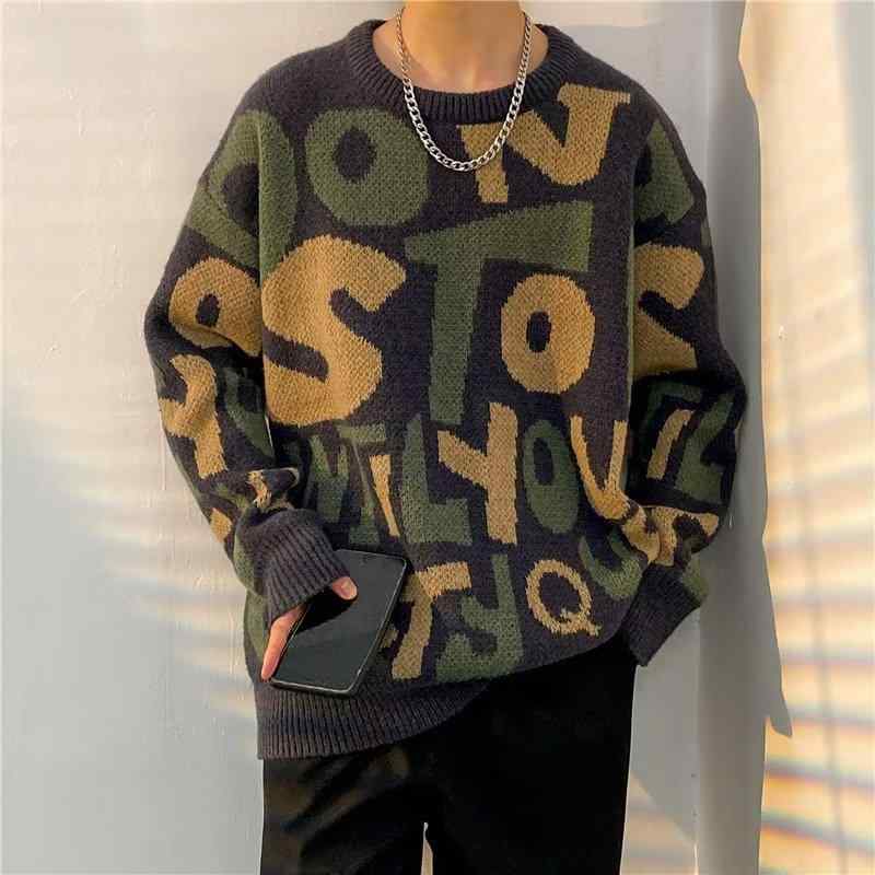 ニット メンズ ニットセーター プルオーバー ゆったり 鹿の毛 鹿毛 ポリエステル 長袖 配色 カジュアル 普段使い 秋冬 ブルー 青 杏色