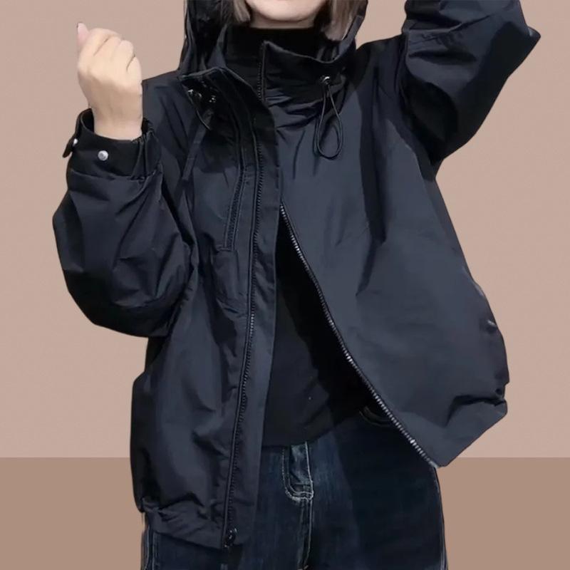 乐天商城 - レディース 短丈 ジャケット コート 秋冬 風通勤 スタイル ブラック ロングスリーブ スタンドカラー ジップアップ ルーズフィット ポリエステル 95% 以上 単品 セット 気質 女性用 アウター トップス 軽量 吸湿速乾 普段使い 事務服 コーディネ