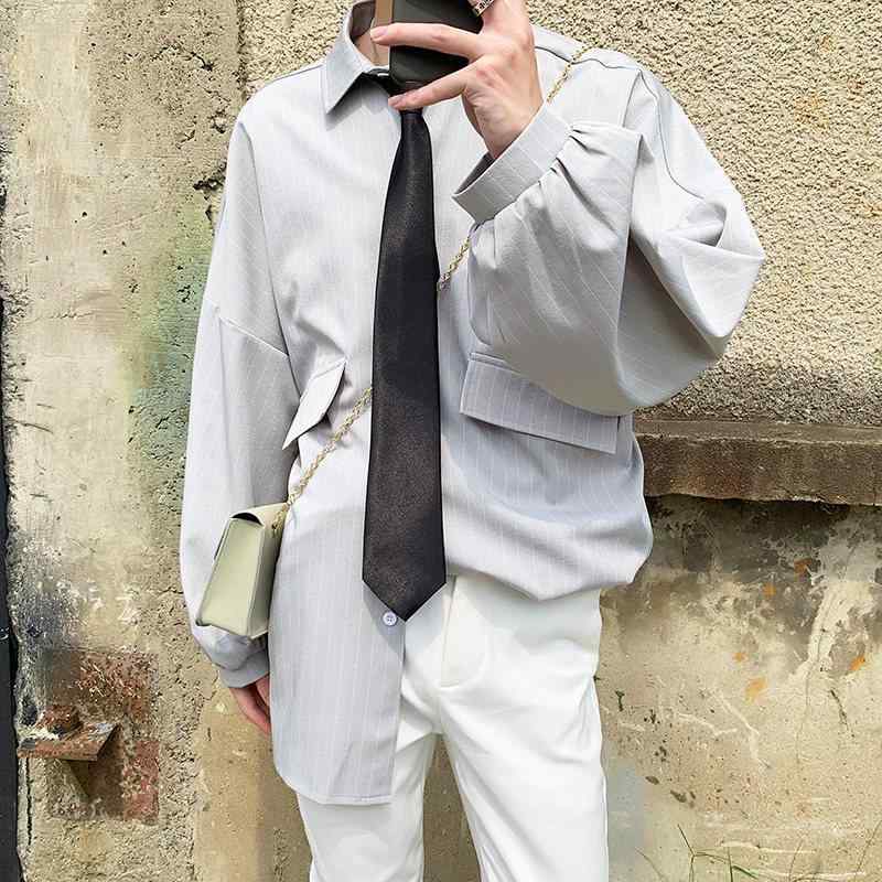 シャツ 男性用 長袖 ストライプ柄 トップス 韓国風 ゆったり 接触冷感 ポリエステル カジュアル 羽織り