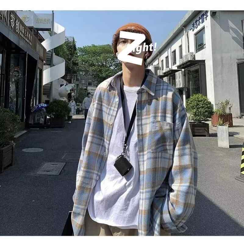 シャツ 男性用 長袖 チェック柄 トップス 韓国風 ゆったり 普段使い レトロ ブルー グリーン ポリエステル