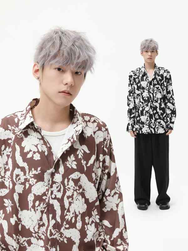 シャツ 男性用 レトロ 中華風 花柄 プリント リゾート 休日 ゆったり 高弾糸 接触冷感 長袖 トップス 黒 ブラウン