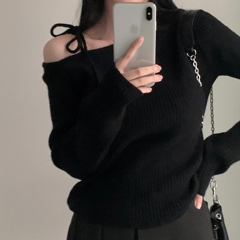 ニット レディース 秋冬 レトロ 不規則 アシンメトリー オフショルダー 接触冷感 長袖 トップス カットソー 韓国