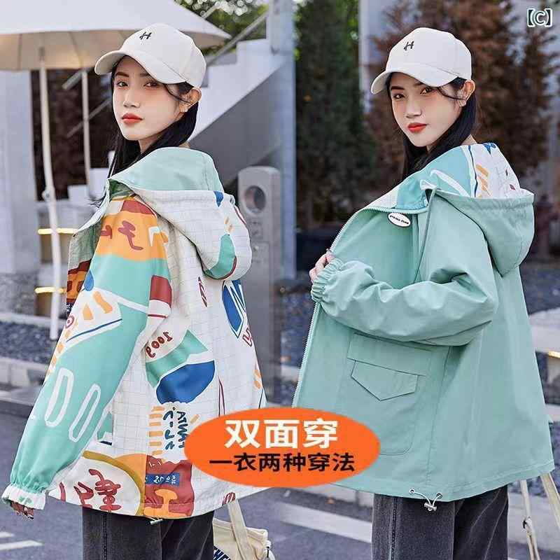 レディース トレンチコート ダブルフェイス リバーシブル ジャケット 風防 春秋 秋冬 トップス 長袖 フード付き ルーズフィット 学生服 スタイル 都市風 通勤用 普段使い 気質 ポリエステル 素材 純色 プリント 加工 軽量 伸縮性 吸湿速乾 白色