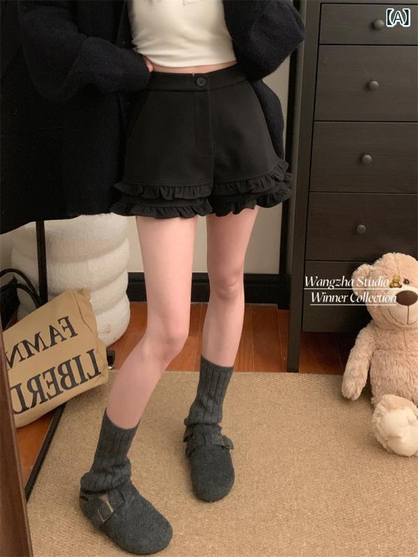 Rakuten - レディース ワイドレッグ ショートパンツ 秋冬 高腰 スリムライン フリルエッジ 花柄トリム 気質通勤 毛織り ミディアム厚 微弾性 ポケット ブラック グレー 普段使い 軽量 カジュアル