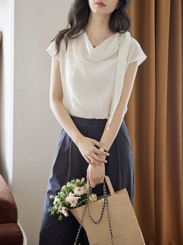 乐天商城 - 女性用 シャツ トップス 白色 短袖 波点柄 ドロップショルダー フレアリボン 切り替えデザイン 接触冷感 天竺素材 ゆったりシルエット 通勤 普段使い 夏 かわいい 復古風 気質 レディース