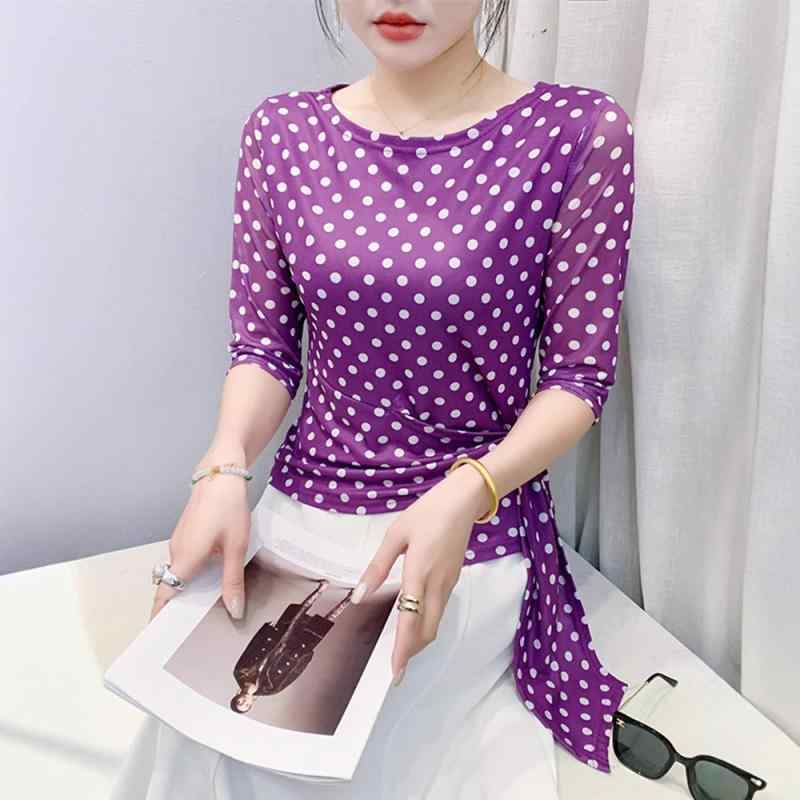 Tシャツ 女性用 夏 気質 通勤 減齢 波点 印花 中袖 ネットヤーン 切り替え トップス かわいい デザイン 接触冷感 ポリエステル プルオーバー ラウンドネック バイアステープ ブルー 紫 ブラック レッド 軽量 吸湿速乾 ビッグシルエット 爽やか