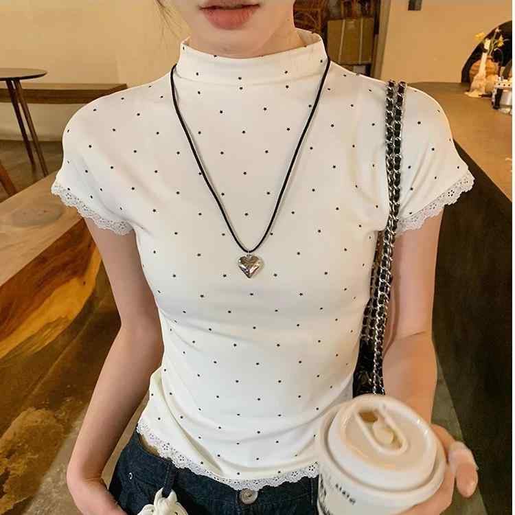 Tシャツ レディース 半高領 レース ポルカドット 短袖 春夏 修身 短丈 接触冷感 ポリエステル スパンデックス 印花 シンプル カジュアル かわいい スリム 白色 軽量 吸湿速乾 通勤 普段使い