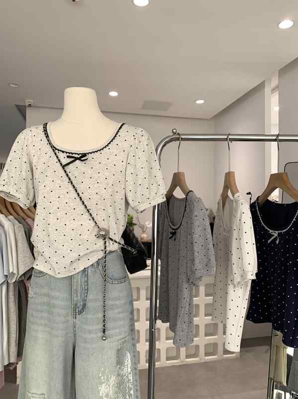 Rakuten - Tシャツ 女性用 短袖 泡泡袖 丸首 切り替えレース 花辺 リボン ポルカドット 綿素材 接触冷感 吸湿速乾 直筒シルエット 短丈 日韓カジュアル ネイビー ライトグレー 春夏 普段使い 軽量 通勤 通学