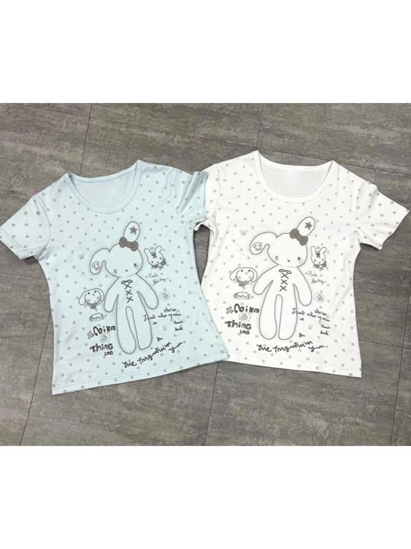 Tシャツ 女性用 かわいい 短袖 丸首 波点 小さなウサギ プリント ブルー ホワイト 接触冷感 吸湿速乾 軽量 春夏 普段使い 部屋着 カジ..