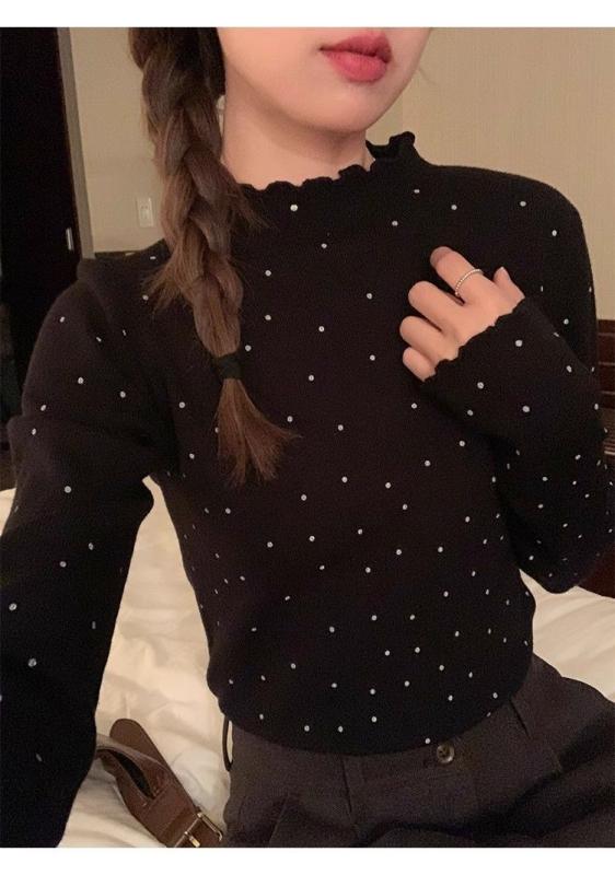 Rakuten - トップス レディース 半高領 修身 長袖 針織 Tシャツ ポルカドット プリント ブラック 米杏色 切り替え フィット 伸縮性 通勤用 普段使い 軽量 私服 春 百搭