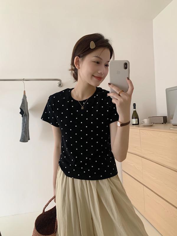 Tシャツ レディース 春夏 短袖 トップス 丸首 修身 スリムフィット 短丈 上衣 ポルカドット柄 プリント 綿 ポリエステル スパンデックス ミックス コットン素材 グレー ブラック グレー系 ブラック系 復古風 アメリカンスタイル ドット柄 波点柄