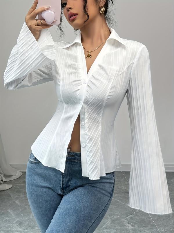 Blouses - レディース シャツ トップス 春夏 通勤用 気質 通勤風 気質 優雅 Vネック 単排扣 白色 条紋 長袖 喇叭袖 ポリエステル 再生繊維 伸縮性 プレス加工 ボタン 装飾 普通丈 50cmから65cm 純色 ベース 欧米向け 輸出 スタイル ブラウス 女