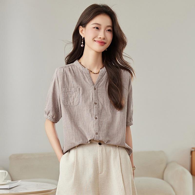 Blouses - シャツ レディース 春夏 薄手 Vネック 条紋柄 切り替えデザイン 5分袖 綿素材 95% 以上 ワイドシルエット ゆったり トップス 気質 優雅 ストリートファッション 杏色 赤 通常丈 シングルボタン 開襟 ステレオデコレーション 芸術的 復古 日常