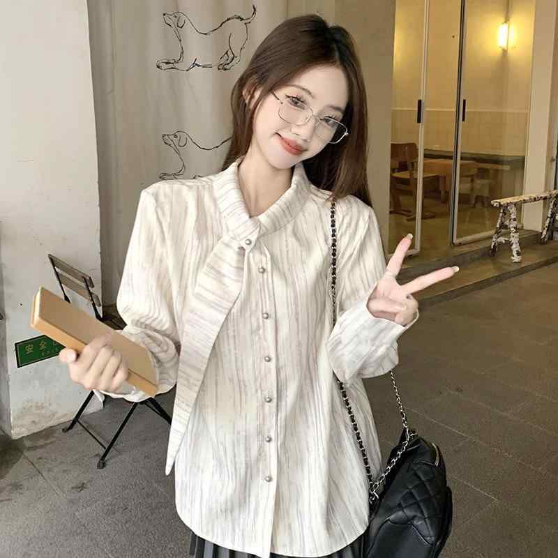 シャツ レディース 春夏 杏色 タイダイ柄 フリル 襟 デザイン 長袖 トップス ポリエステル 素材 微弾性 立体裁剪 基本款 スタイル 気質..