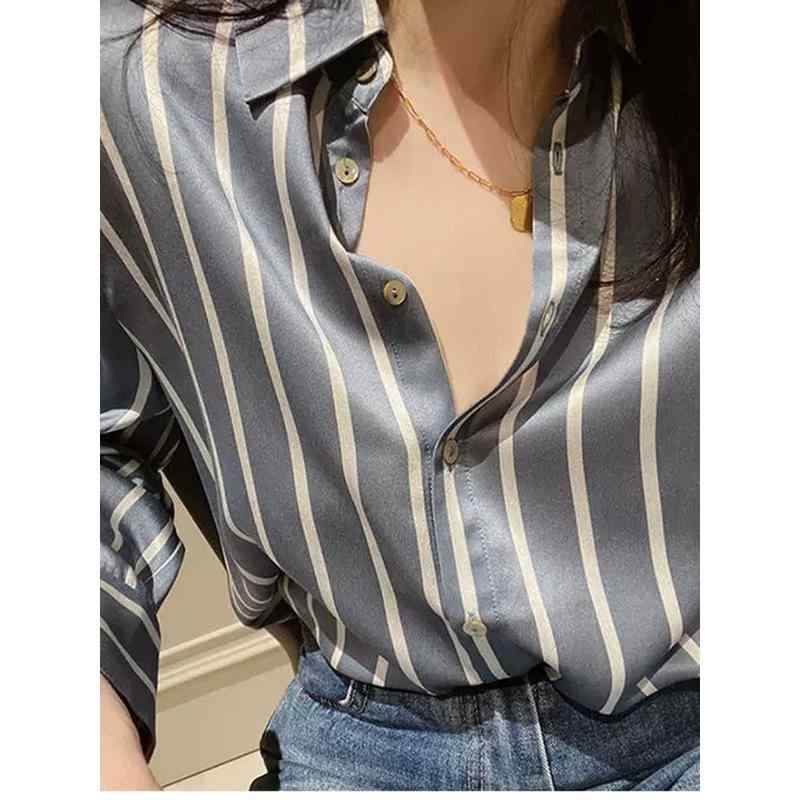 Blouses - シャツ レディース 長袖 スタンドカラー ストライプ 天竺 レイヨン 混紡 ゆったり 落ち感 接触冷感 吸湿速乾 通勤風 カジュアルスタイル グレー系 春 トップス ブラウス 気質 軽量 伸縮性 ハイネック ロングスリーブ ビジネス 普段使い オフィス