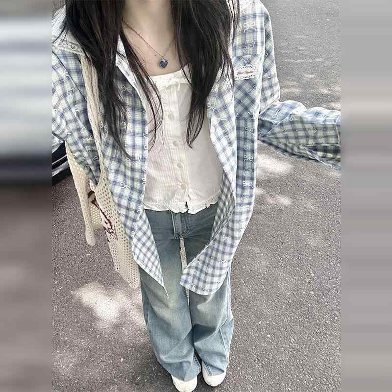 レディース シャツ 開襟 長袖 トップス 雪纺 ポリエステル 格子柄 条紋 ブルー ホワイト ベア プリント 蝶結び レース ダブルレイヤー 襟 修身 普通丈 翻領 シングルブレスト ボタン 春夏 韓国風 快適 軽量 通勤 普段使い かわいい シルエット