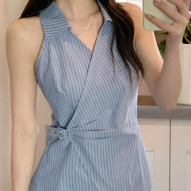 女性用 トップス シャツ ブラウス Vネック ストライプ柄 肩出し 斜め肩 無袖 夏用 接触冷感 天竺混紡 ポリエステル 切り替え デザイン ピュアカラー 貼り付け ポロ風 コットン調 シンプル デザイン 日韓風 カジュアル スタイル コットン 混紡 軽