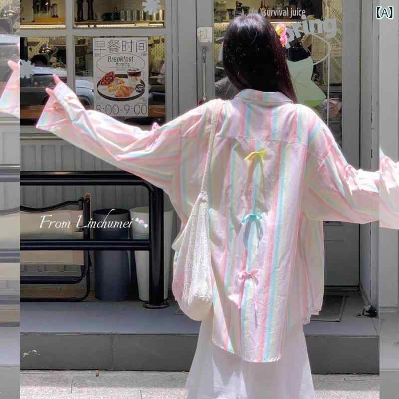 Blouses - 春夏 レディース 防晒 シャツ トップス 開襟 長袖 ストライプ 蝶結び 接触冷感 ポリエステル ピンクブルー 条紋 韓国風 ゆったり ミドル丈 デザイン かわいい 甘め シャツカラー 快適 ゆったりシルエット 吸湿速乾 軽量 日常使い 春夏 トップス