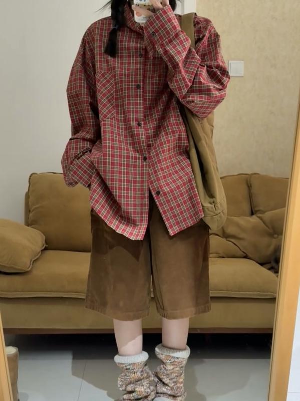 Blouses - {"result":"レディース 長袖 シャツ トップス 赤 格子柄 春秋 春夏 秋冬 通勤 通勤風 気質 気質風 快適 快適風 休闲 ポリエステル 綿 混合 素材 ピエス 切り替え スプライス 加工 ワイド ルーズ フィット ビッグ シルエット 中長丈