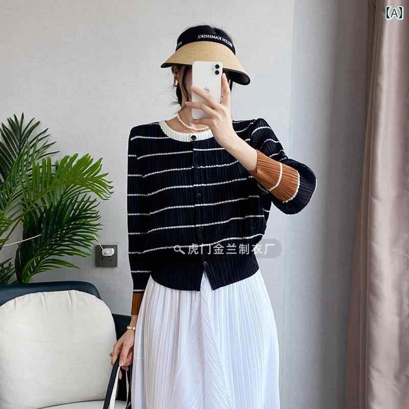 Blouses - カーディガン レディース 長袖 シャツ トップス 開襟 丸首 ストライプ プリント プリーツ デザイン ゆったり シルエット ポリエステル 素材 軽量 通勤 普段使い 春 コーディネート アイテム かわいい ブラウス インナー