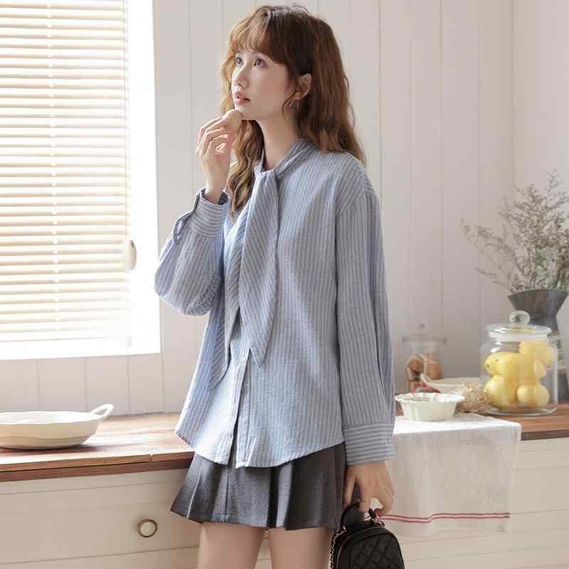Blouses - 春夏 レディース 長袖 シャツ トップス 綿 混 伸縮性 磨毛加工 接触冷感 条紋柄 立領 デザイン 系帯 ゆったりシルエット スタンドカラー 韓国風 カジュアル インディゴブルー 日常使い 軽量 通勤 部屋着 快適 吸湿速乾 ビッグシルエット 春物 秋