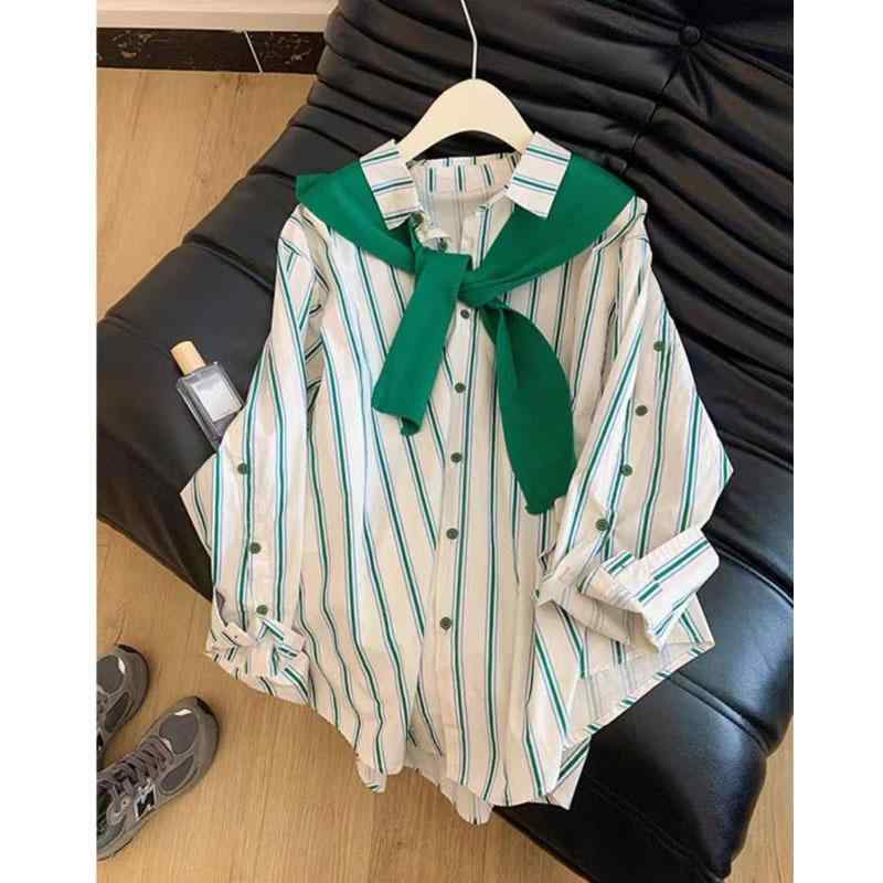 Blouses - シャツ 女性用 春夏 復古 緑 条紋 ショール 切り替え 長袖 トップス 綿混 ポリエステル ワイドシルエット スタンダード丈 ラペル ボタン前開き 快適 ゆったり レイヤリング 肌映え 軽量 吸湿速乾 カジュアル 日常使い 部屋着