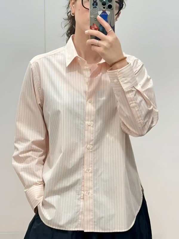 シャツ レディース 長袖 条紋 綿混 接触冷感 ポロカラ 切り替え ゆったりシルエット 通勤 私服 軽量 薄手 秋 ライトブルー ピンク 水色 粉色 基本 シンプル 御姐 女性用 トップス 秋冬 吸湿速乾 シルク加工 シングルブレスト ボタン ゆったり