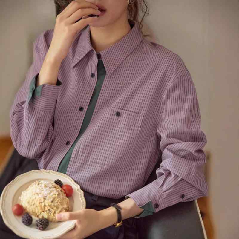 シャツ レディース 長袖 フレンチレトロ コントラスト 縦ストライプ トップス 綿混 ポリエステル 混紡 磨毛加工 ポロカラー シングルブレスト 気質 通勤スタイル ピンクベースグリーンストライプ ブルーベースレッドストライプ 春秋 軽量 柔らかい肌触り