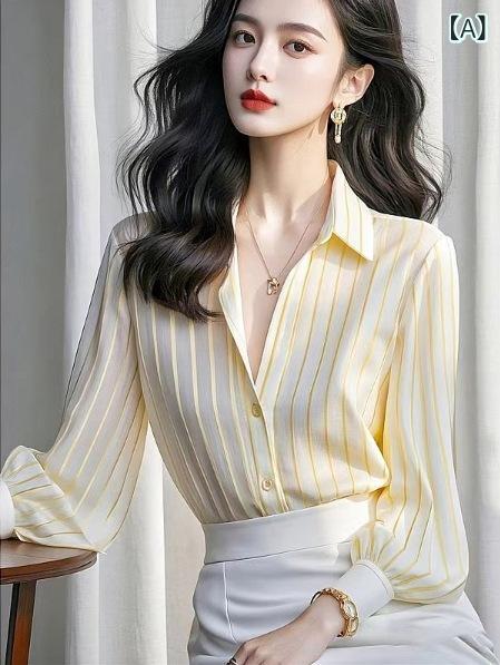 シャツ 女性用 黄色 ストライプ 長袖 フレンチスタイル 通勤 気質 ワイドシルエット スタンドカラー シングルブレスト ポリエステル シフォン 切り替え コットン 軽量 通勤通年 普段使い 春 トップス ブラウス シャツワンピース