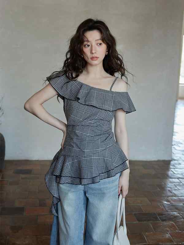 ブラウス 女性用 夏 通勤風 無袖 ブラック 格子柄 綿素材 切り替えデザイン 基本款 気質 小柄対応 肩掛けスタイル 吸湿速乾 軽量 伸縮..