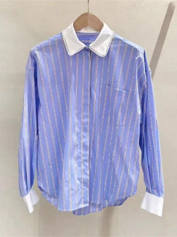 Work Clothes （Office） - シャツ レディース 長袖 縦ストライプ 柄 切り替え デザイン コットン 素材 70% 以上 ワイドシルエット 中長丈 シャツカラー 珍珠 色 コントラスト 気品 通勤 スタイル 都市 風 気質 優雅 ブラウス トップス 綿 混 紡 紡績 生地 緩い フ