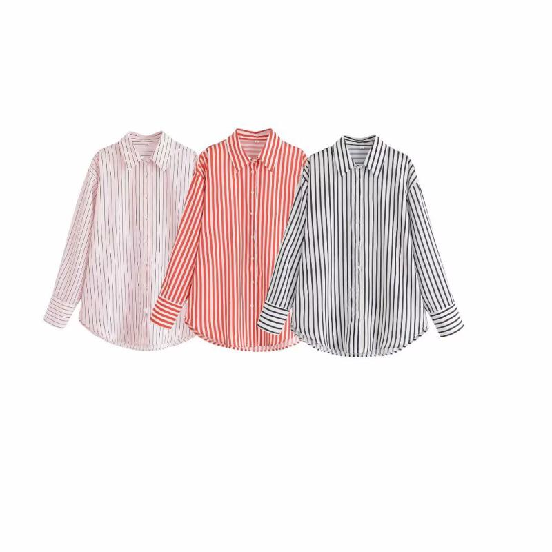 Blouses - 長袖シャツ レディース ピンク ブラック 赤 条紋 翻領 ポリエステル コットン混 ゆったりシルエット 街頭ファッション 夏 接触冷感 吸湿速乾 通勤 普段使い 軽量 伸縮性 ビッグシルエット Vネック トップス ブラウス シャツ ロングスリーブ ストリ