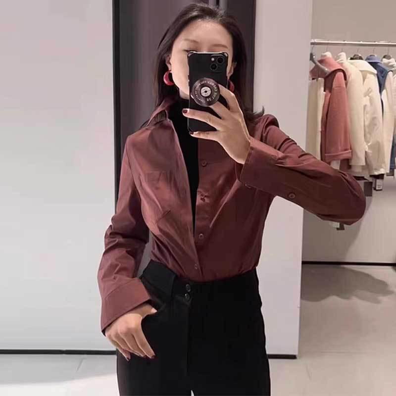 レディース シャツ トップス 長袖 翻領 シングルブレスト コットン 綿素材 切り替えデザイン 収腰 スリムフィット 気質 通勤用 普段使い 百搭 ブラウス 白色 ベージュ 赤茶色 ブルーストライプ 春夏 軽量 通年対応