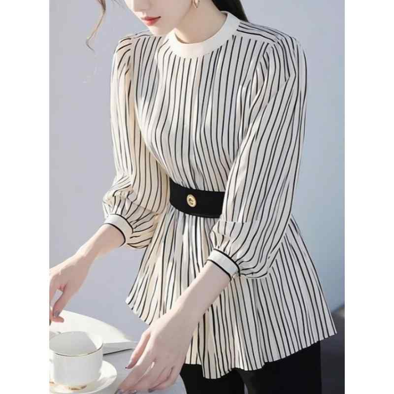 Blouses - ブラウス レディース 黒白条紋 切り替えデザイン 収腰 長袖 セットインスリーブ ラウンドネック 気質通勤 都市風 軽量ポリエステル 吸湿速乾 春夏 秋冬 普段使い トップス シャツ 気質優雅 軽熟風