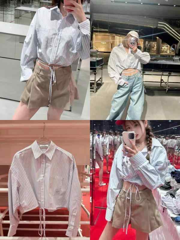 シャツ レディース 春夏 縦ストライプ 翻領 収腰 ワイドシルエット ポケット付き 長袖 綿混 切り替え シングルブレスト ウエストコード ブルー トレンド ストリートファッション 通勤 普段使い 軽量 吸湿速乾