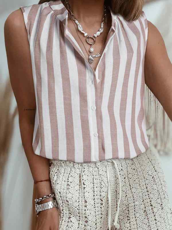 シャツ レディース 夏季 通勤用 条紋 Vネック 無袖 トップス 薄手 綿 ポリエステル 混紡 ゆったり シルエット シングルボタン 開襟 日..