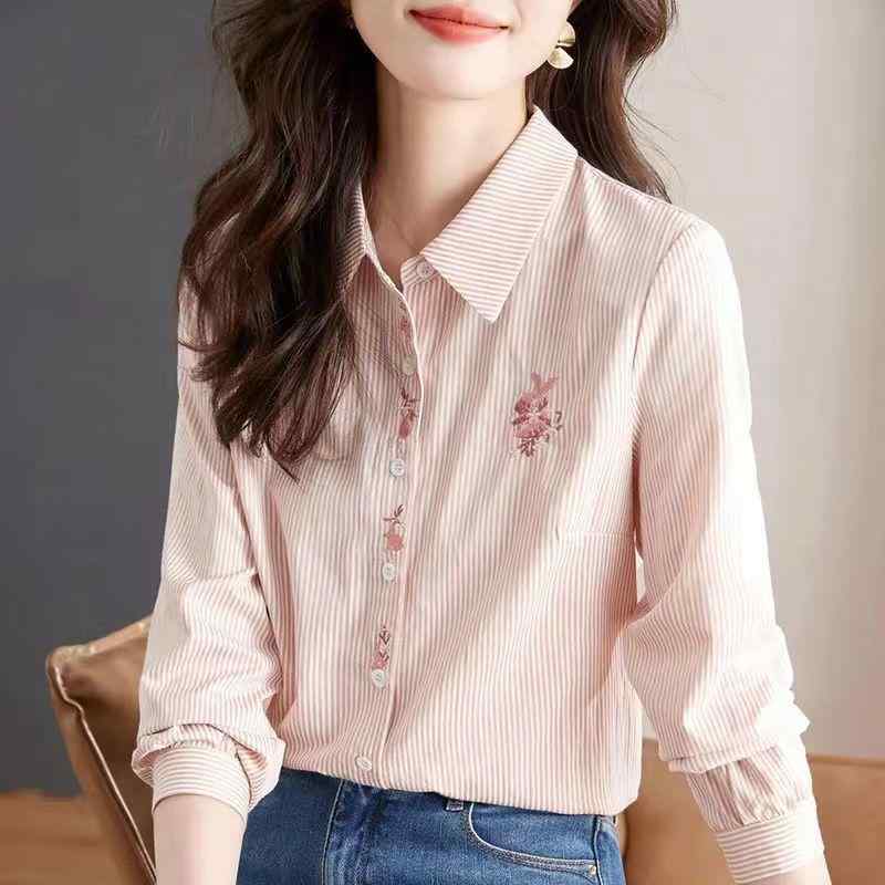 シャツ 女性用 長袖 条紋 橘色 斜肩 切り替え 通勤 普段使い 気質 スタイリッシュ ファッション 春夏 秋 軽量 綿素材 伸縮性 ビッグシ..