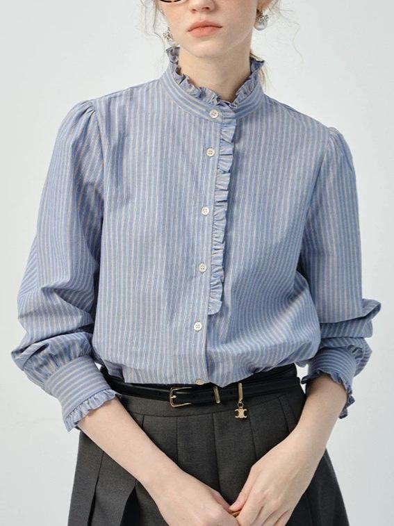 レディース シャツ トップス 立領 泡泡袖 長袖 切り替え 条紋 ブルー 春 春夏 通勤用 気質 ゆったり シルエット 普通丈 シングルブレスト ボタン 開襟 ゆるめ フィット 軽やか 素材 快適 普段使い 女性用 ブラウス ワイド スーツ 合わせ オフ