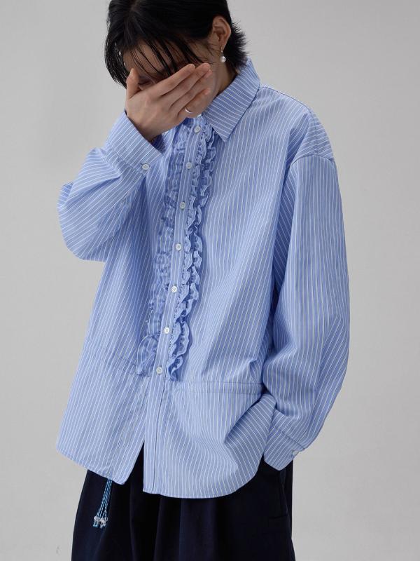 レディース シャツ トップス 春夏 春季 ブルー 条紋 木耳辺 フリル デザイン 長袖 開襟 シングルブレスト ボタン ワイド ルーズ フィット 普通丈 ターン ダウン カラー 爽やか 軽量 素材 快適 肌触り 日常 普段使い カジュアル スタイル 日韓