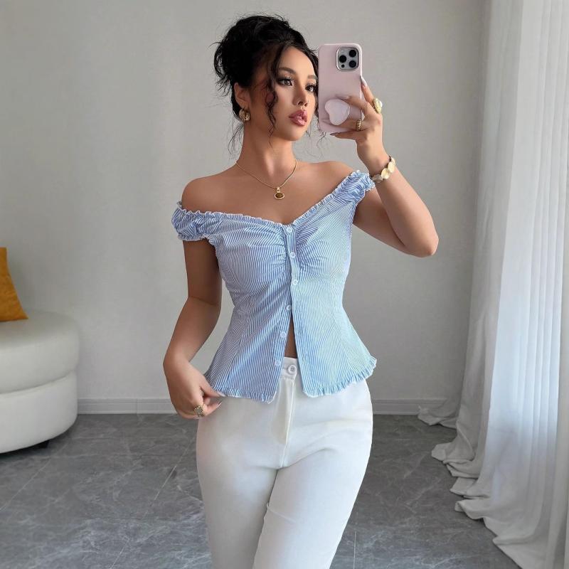 Blouses - レディース シャツ トップス 無袖 荷葉袖 Vネック ストライプ柄 花辺デザイン 甘めスタイル ポリエステル 接触冷感 軽量 吸湿速乾 通勤 普段使い 春夏 ブルー 爽やか 清新